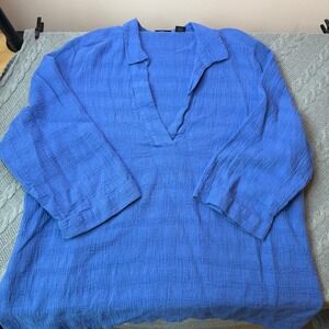 TAHARI Linen Cotton Popover Shirt 1X Coastal Breathable Textured Relaxed Resort